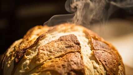  Freshly Baked Bread Loaf. A round loaf of freshly baked bread is sitting on a wooden cutting board. The bread has a golden-brown crust with variations in color, and some steam is rising from the top - Powered by Adobe