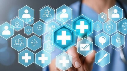 Medical worker touch plus icon for the healthcare medical, Healthcare insurance, Virtual medical network connection concept, Their healthcare, Treatment, Hospital, Expenses from illness, t - Powered by Adobe