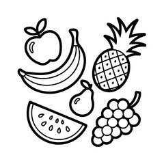 Collection of line art fruits apple banana pineapple watermelon grapes pear