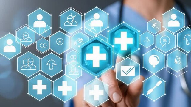 Medical worker touch plus icon for the healthcare medical, Healthcare insurance, Virtual medical network connection concept, Their healthcare, Treatment, Hospital, Expenses from illness, t - Powered by Adobe