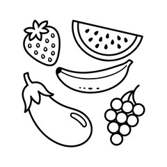 Line art illustration of assorted fruits strawberry banana watermelon eggplant grapes