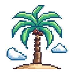 Fototapeta premium A charming pixel art palm tree on a small sandy island with fluffy clouds, capturing a tropical paradise scene for retro game aesthetics
