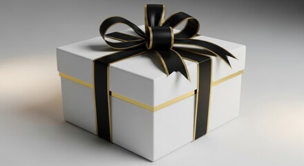 A pristine white gift box adorned with a black ribbon and bow, elegantly presented.