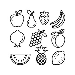 Collection of line art fruit icons apple pear strawberry banana