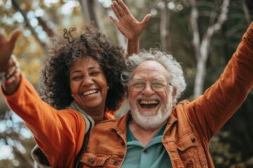 Portrait of a glad multicultural couple in their 50s celebrating a success