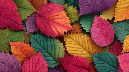 A variety of leaves in vibrant hues of red, orange, yellow, purple, and green are spread out on a flat surface, showcasing the beauty of autumn foliage and seasonal change.