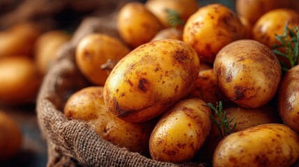 A burlap sack filled with freshly harvested potatoes sits on a rustic wooden table. The warm autumn light accentuates the earthy colors and texture of the potatoes.