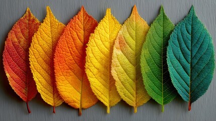Vibrant leaves in shades of red, orange, yellow, and green are lined up in a smooth gradient, showcasing the beauty of autumn hues against a soft gray backdrop.