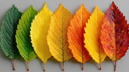 A collection of seven leaves shows a gradient of colors from vibrant green to deep red. The leaves vary in size and texture, highlighting the beauty of seasonal changes in nature.