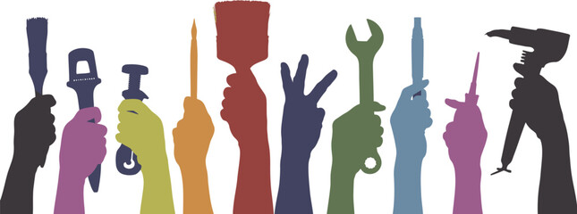 Hands holding tools vector illustration for construction renovation repair and diy projects design element editable stock vector illustration