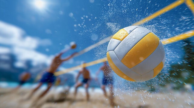 Beach volleyball players engage in intense match with splashes of water flying through the air. Bright blue sky and sandy beach create vibrant scene. Concept of sports, fitness, outdoor activities - Powered by Adobe