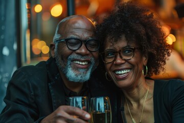 Portrait of a glad multicultural couple in their 50s celebrating a success