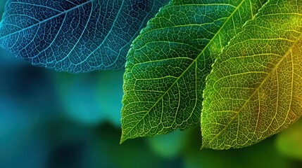 Bright green and blue leaves exhibit detailed vein patterns, showcasing nature's beauty in a colorful and textured arrangement against a blurred background.