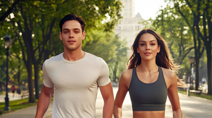 Obraz premium A couple enjoys a revitalizing jog through a lush park, embracing fitness and the joy of outdoor exercise together.
