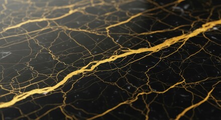 Close-up view of a black marble surface with golden veins, detailed texture.