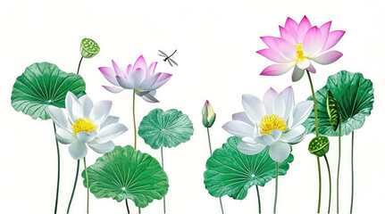 Realistic blooming lotus flowers and green leaves with dragonfly on white background, elegant botanical illustration perfect for nature, spa, or zen-themed design