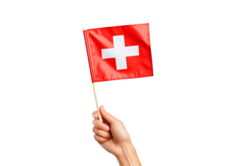 Hand holding Swiss flag on transparent background, PNG