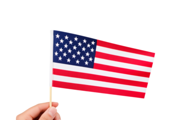 Hand holding small United States flag on stick on transparent background, PNG