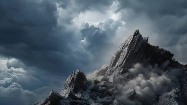 a mountain crumbling into pieces, dramatic collapse, shards of rock and dust, dynamic movement, dark clouds, intense atmosphere, surreal landscape, high detail, photorealistic, wide shot