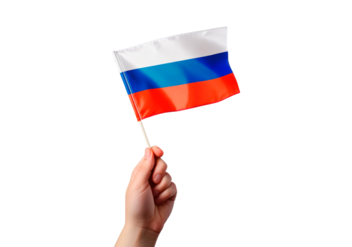 Hand holding Russian national flag on transparent background, PNG