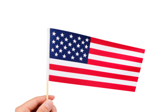 Hand holding small United States flag on stick on transparent background, PNG