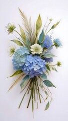 A lovely bouquet of blue flowers on a white background, featuring a vibrant floral bloom