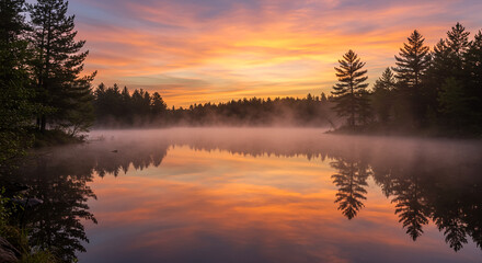Obraz premium Serene Sunrise over Misty Lake with Pine Trees Reflection