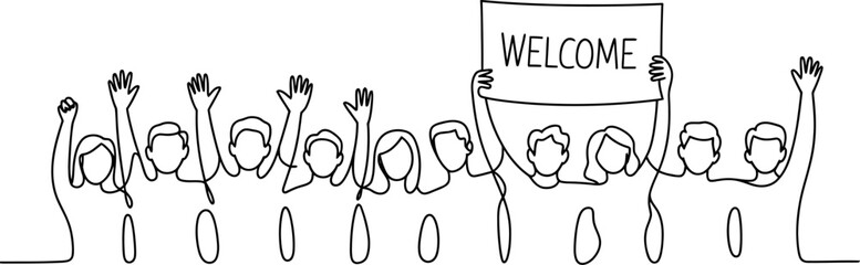 Welcome crowd illustration vector drawing people cheering with welcome sign and raised hands outline art 100 editable stock vector illustration