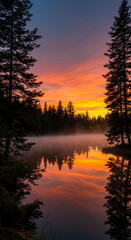 Obraz premium Majestic Sunrise over Misty Lake Reflected in Still Waters