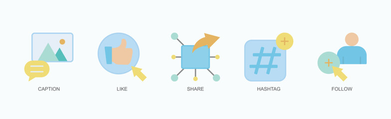 Social Pulse Icon Set Vector Illustration Concept With Icon Of Caption, Like, Share, Hashtag, Follow In Flat Style