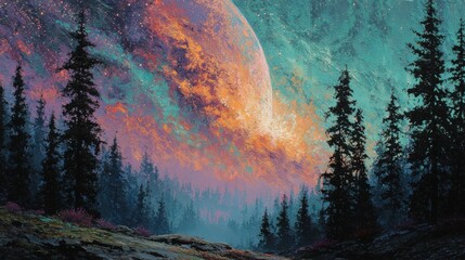 A stunning cosmic landscape displays a massive planet looming over a tranquil forest, with vibrant colors illuminating the night sky. The scene captures the beauty of nature and the universe.