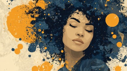 Vibrant artwork depicts a woman with curly hair immersed in a colorful array of abstract shapes. The design highlights themes of beauty, creativity, and self-expression.