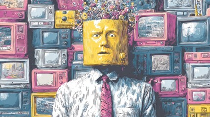 A person with a yellow box head stands in front of an array of vintage televisions. The head is filled with colorful gears and items, creating a whimsical yet unsettling atmosphere.