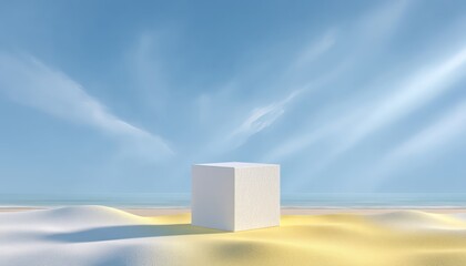White Cube on Sandy Beach Under Bright Sunlight