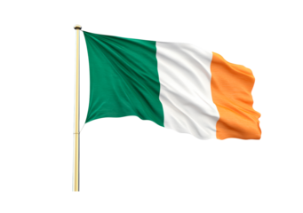 Irish flag waving on flagpole on transparent background, PNG