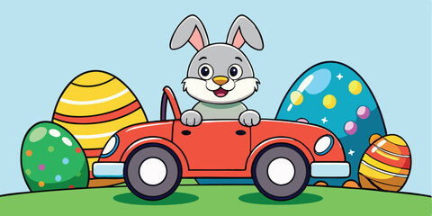 Adorable Easter Bunny Driving a Red Car