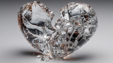 A shattered glass heart lies on a surface, capturing light and creating reflections. The fractured pieces reveal sharp edges and a delicate structure, symbolizing heartbreak or loss.