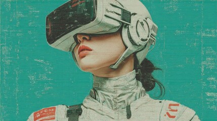 A woman stands confidently wearing a virtual reality headset. The bright turquoise background highlights her focus and the sleek design of the headset, creating a futuristic atmosphere.
