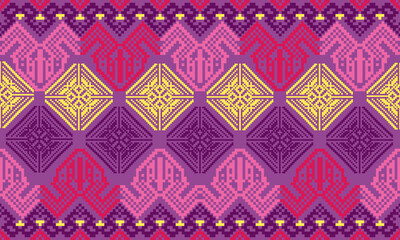 Pixel art ethnic, Pattern fabric pixel, design for background, clothing, decorative, drapery, cloth embroidery, geometric pixel art, handcraft, wallpaper, carpet, bag, card, cushions, Print, ethnic