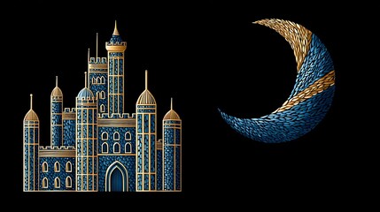 Obraz premium Steampunk Castle Design with Moon in Blue and Gold - Unique Fashion Inspiration