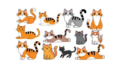 Animal pet cat playful, sleeping and scared. Cat body language vector set, vector illustration isolated on white background.