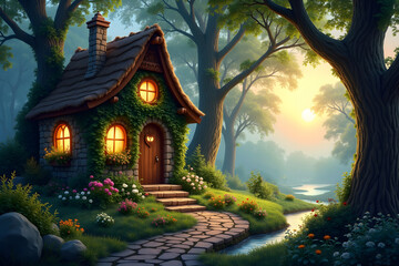 Enchanting cottage in a magical forest surrounded by lush greenery and deer at sunset