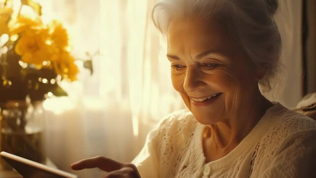An elegant elderly woman with laugh lines, silver hair tied back, sitting in a cozy, sunlit living room, attentively using a sleek tablet for a video call with her grandchild, genuine smil
