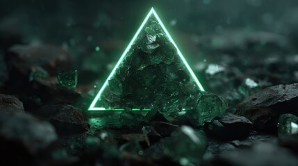A glowing green triangle emerges from a bed of dark rocks and jagged crystal pieces. The low light creates an ethereal ambiance, enhancing the mystical atmosphere of the setting.