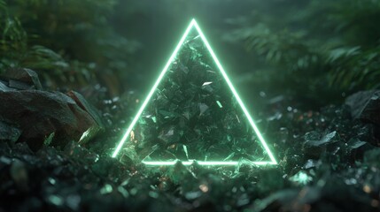 An illuminated green pyramid made of crystalline material sits among dark rocks and lush vegetation in an enchanting forest at night. Soft light enhances the mystical atmosphere.