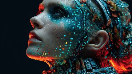 In a controlled studio environment, a model presents a striking makeup look featuring digital patterns and vivid colors that highlight artistic creativity and innovation.