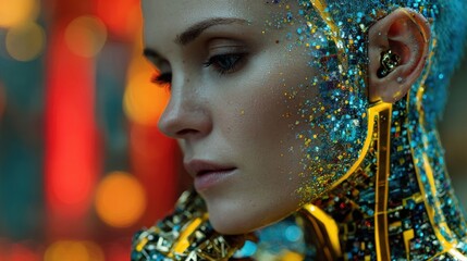 A humanoid figure displays intricate patterns of glitter and light against a backdrop of urban architecture. The setting is alive with color, showcasing a blend of technology and art.
