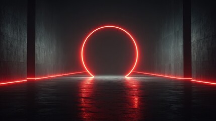 A vibrant red neon circle stretches against the dark walls of a corridor, creating a striking contrast. The glowing lines reflect on the floor, enhancing the atmospheric setting.