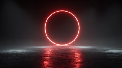 A vibrant red neon circle illuminates a dimly lit space filled with mist. The reflective surface enhances the dramatic effect, creating an otherworldly ambiance during nighttime.