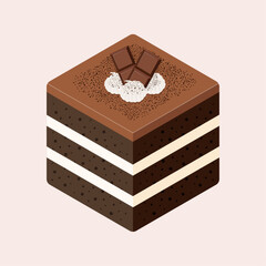 Slice of chocolate cake with chocolate bar topping. Vector illustration delicious sweet dessert. Isometric food of cake for dessert menu.